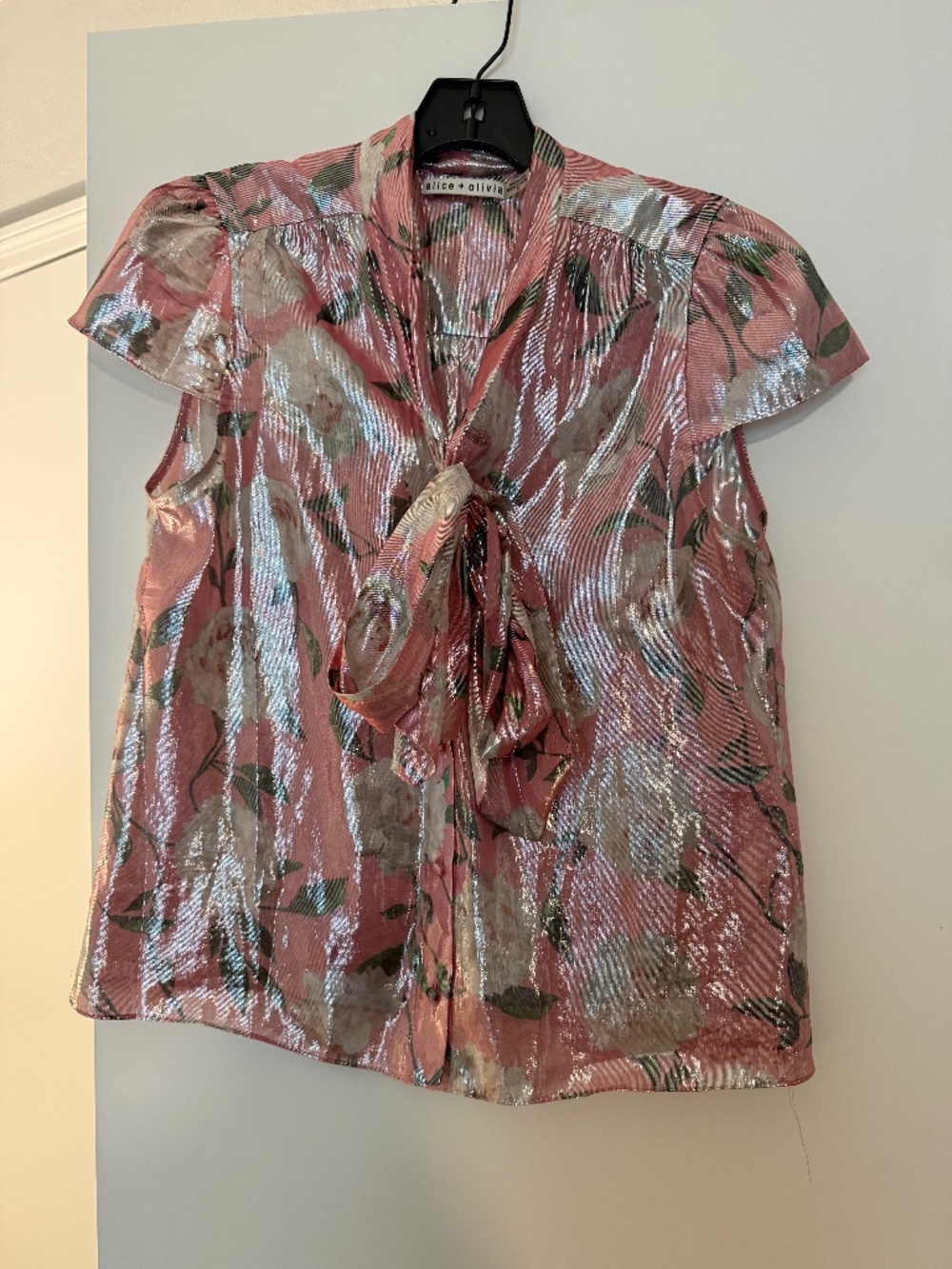Alice and Olivia Pink Shimmer Blouse with Tie Neck, Size Small